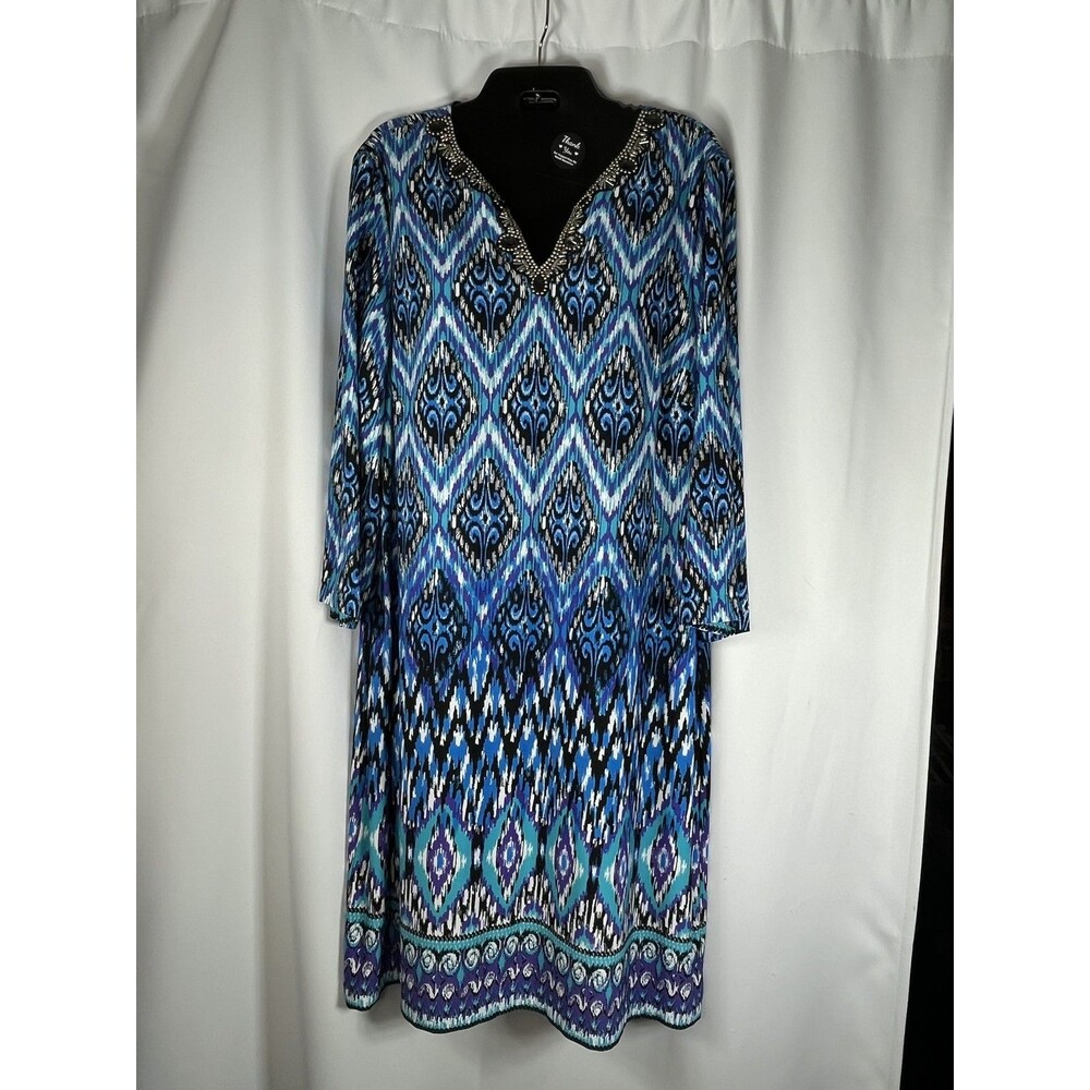 Chico's Dress Womens 3 XL Blue Geometric Ikat Beaded V Neck 3/4 Sleeve Knit